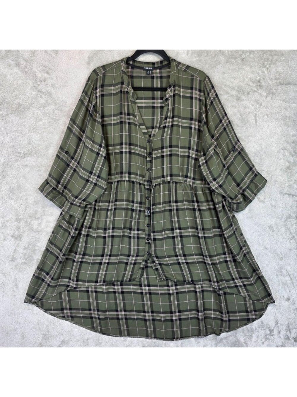 Torrid Blouse Womens 4 Plus Green Plaid V Neck Button Shirt Hi-Low Hem Tunic